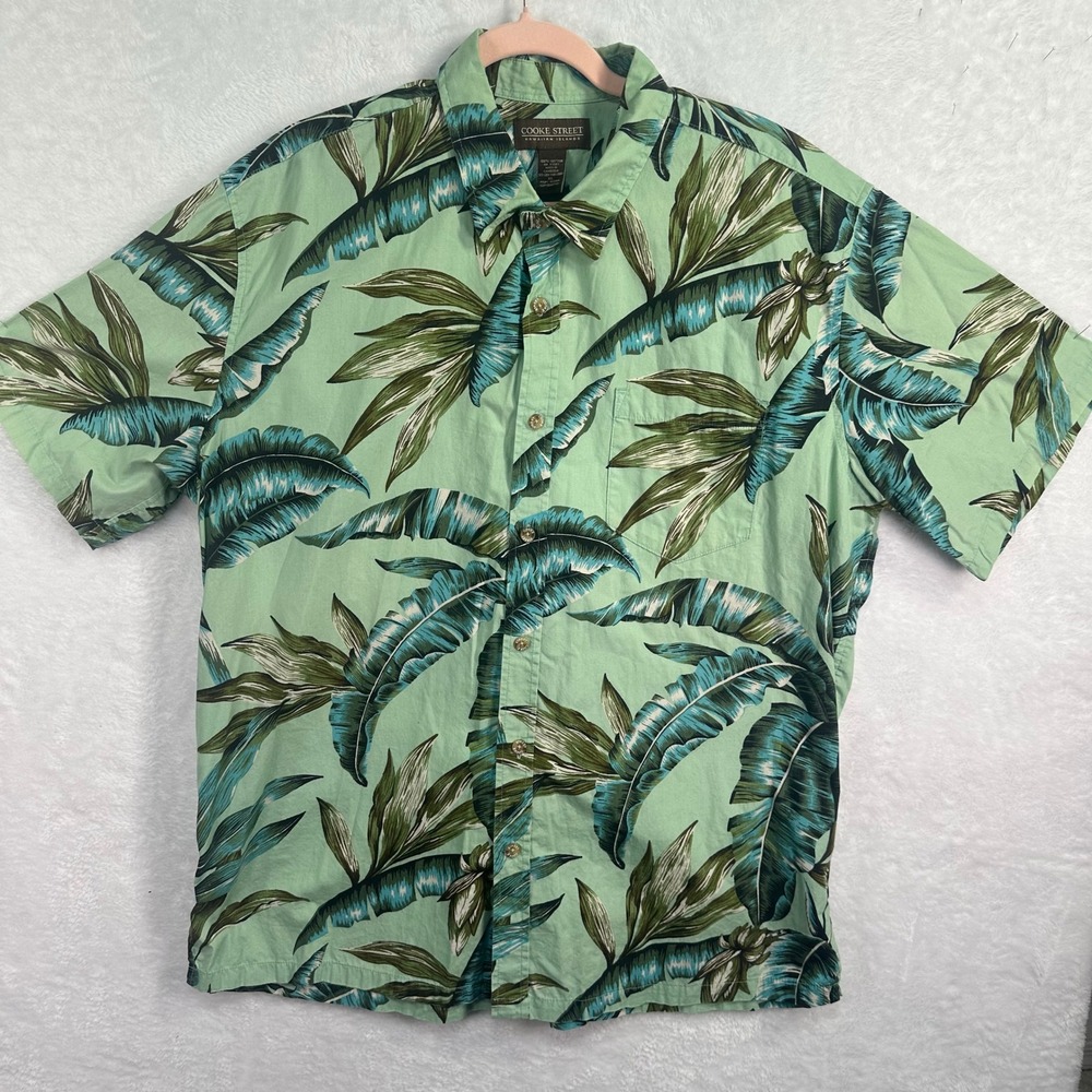 Cooke Street Hawaiian Shirt Mens XL Green Tropical Palm Leaf Print Button Up